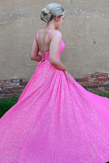 Sparkly Hot Pink Sequins A-Line Long Formal Dress