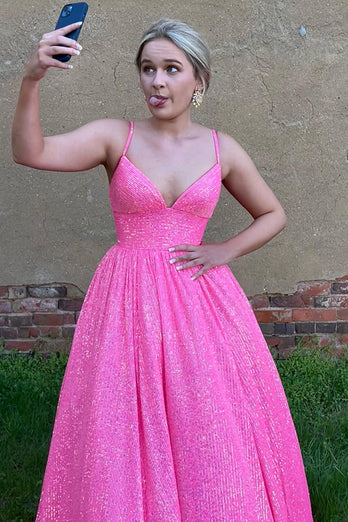 Sparkly Hot Pink Sequins A-Line Long Formal Dress