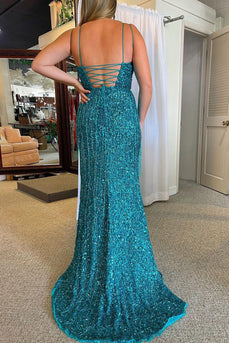 Sparkly Turquoise Mermaid Sequins Long Formal Dress with Fringes