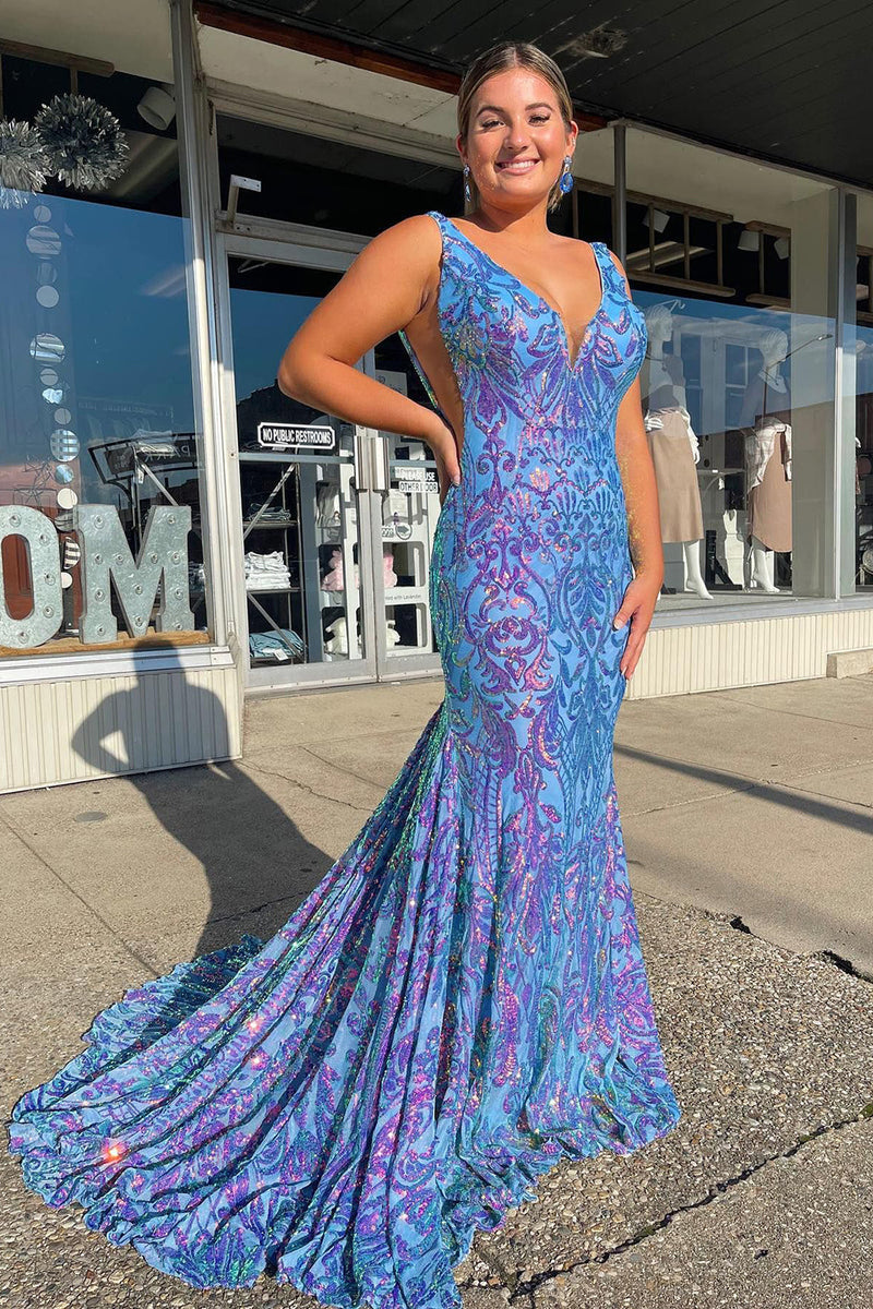 Load image into Gallery viewer, Blue Sequins V-Neck Mermaid Formal Dress