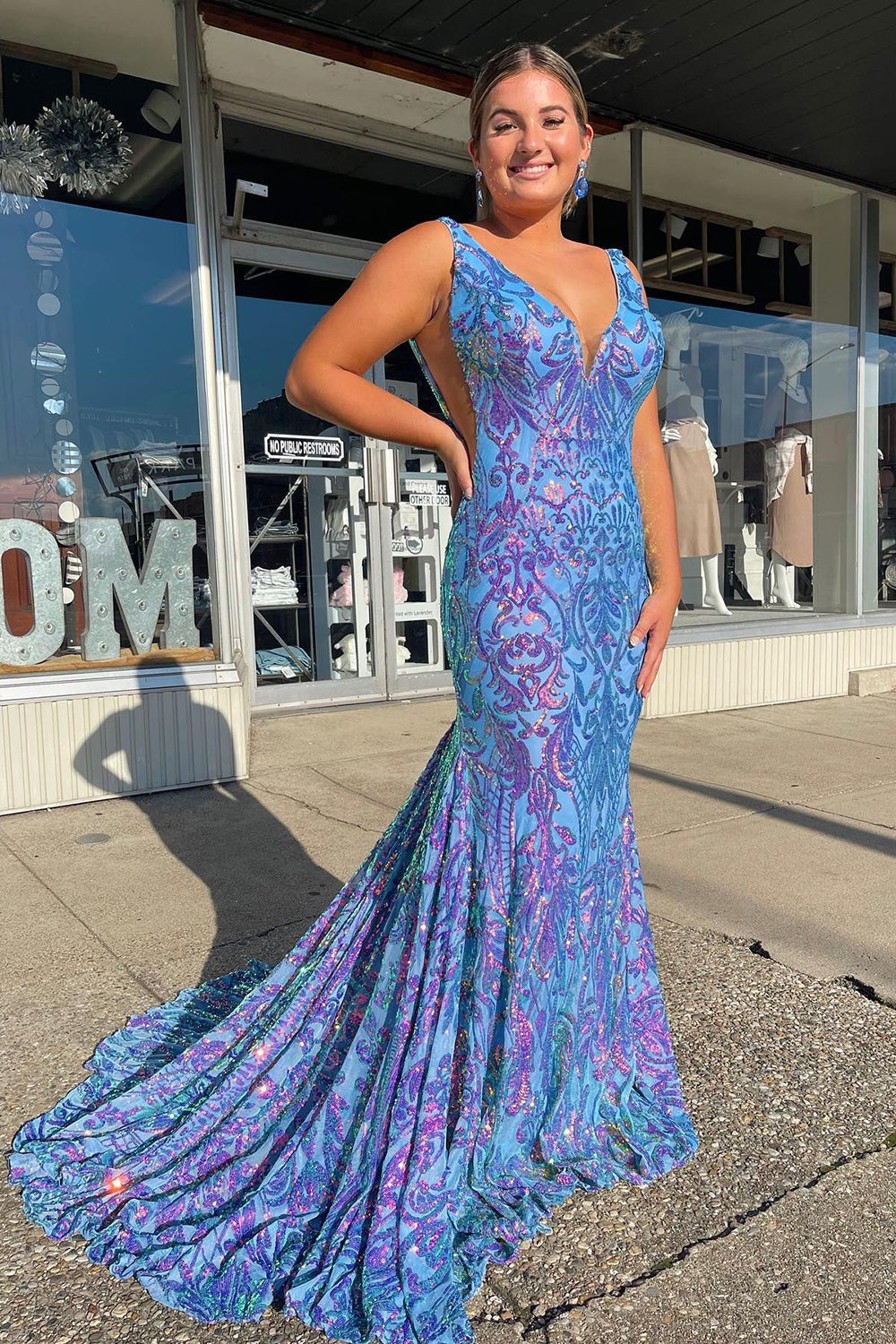 Blue Sequins V-Neck Mermaid Formal Dress