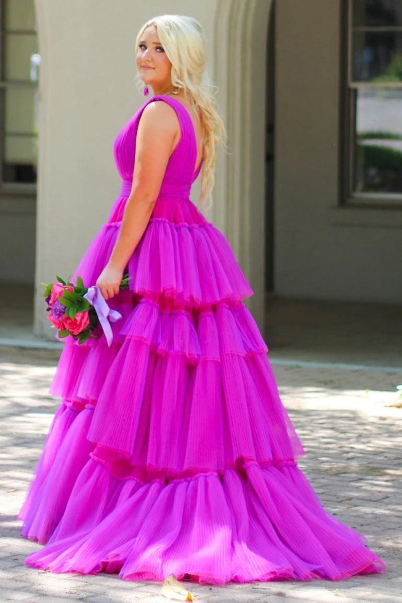 Load image into Gallery viewer, Purple Tiered Tulle A-Line Formal Dress