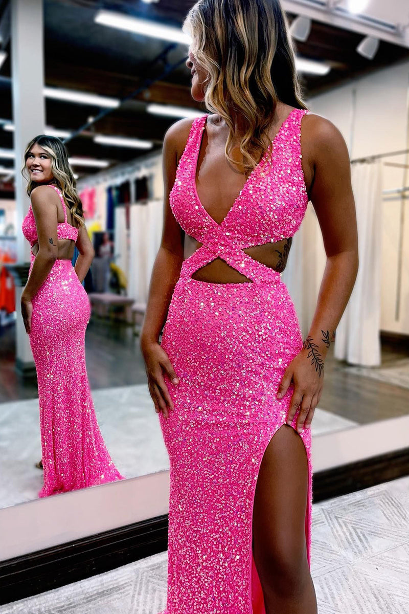 Load image into Gallery viewer, Hot Pink Sequins Hollow-Out Mermaid Formal Dress