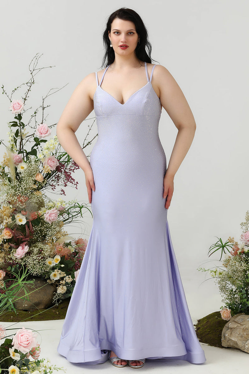 Load image into Gallery viewer, Mermaid Spaghetti Straps Lilac Plus Size Formal Dress with Criss Cross Back