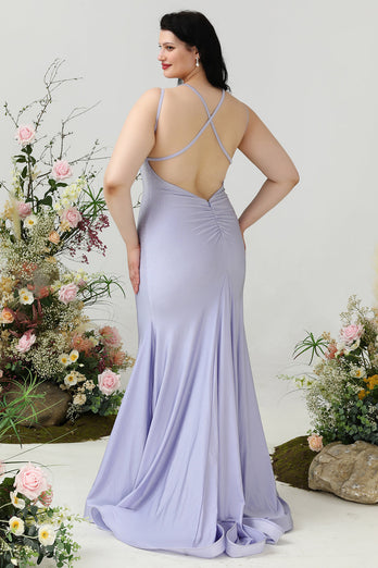 Mermaid Spaghetti Straps Lilac Plus Size Formal Dress with Criss Cross Back