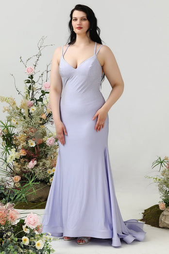 Mermaid Spaghetti Straps Lilac Plus Size Formal Dress with Criss Cross Back