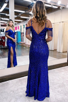 Royal Blue Off the Shoulder Sequins Sheath Formal Dress with Fringes