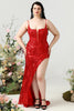 Load image into Gallery viewer, Mermaid Spaghetti Straps Red Sequins Plus Size Formal Dress with Split Front