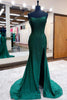 Load image into Gallery viewer, Mermaid Spaghettti Straps Dark Green Sequins Long Formal Dress with Split Front