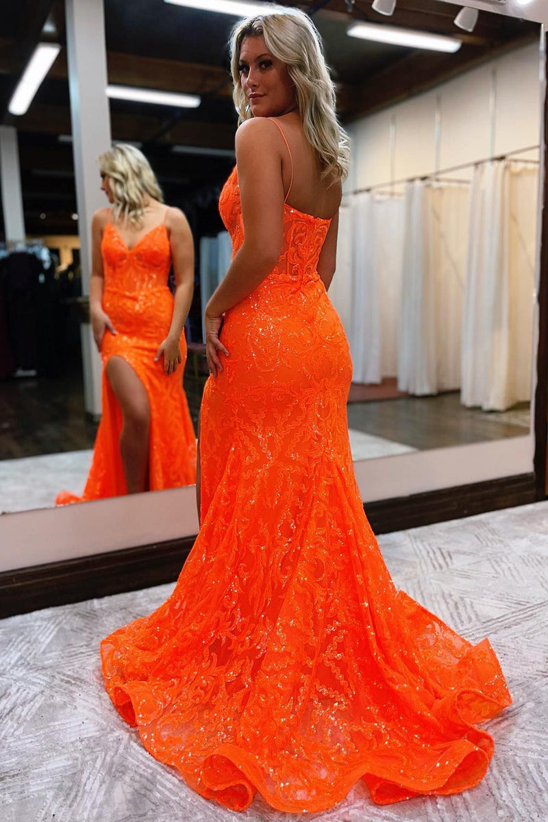 Load image into Gallery viewer, Orange Spaghetti Straps Mermaid Formal Dress