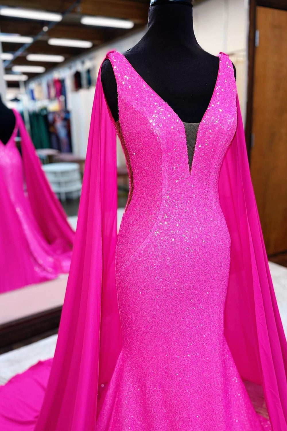 Hot Pink Mermaid Formal Dress With Wateau Train