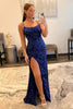 Load image into Gallery viewer, Sheath Spaghetti Straps Royal Blue Sequins Long Formal Dress with Split Front