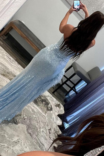 Sheath Sweetheart Light Blue Sequins Long Formal Dress with Feather