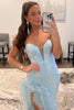 Load image into Gallery viewer, Sheath Sweetheart Light Blue Sequins Long Formal Dress with Feather