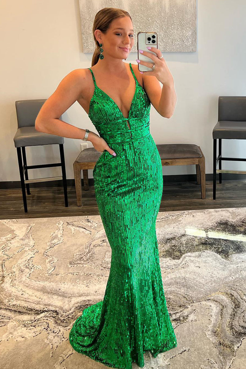 Load image into Gallery viewer, Mermaid Spaghetti Straps Green Sequins Backless Long Formal Dress