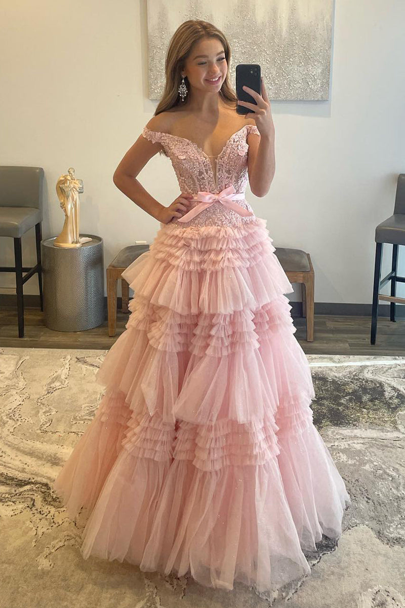 Load image into Gallery viewer, Princess A Line Off the Shoulder Light Pink Long Formal Dress with Ruffles