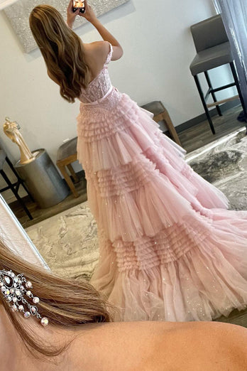 Princess A Line Off the Shoulder Light Pink Long Formal Dress with Ruffles