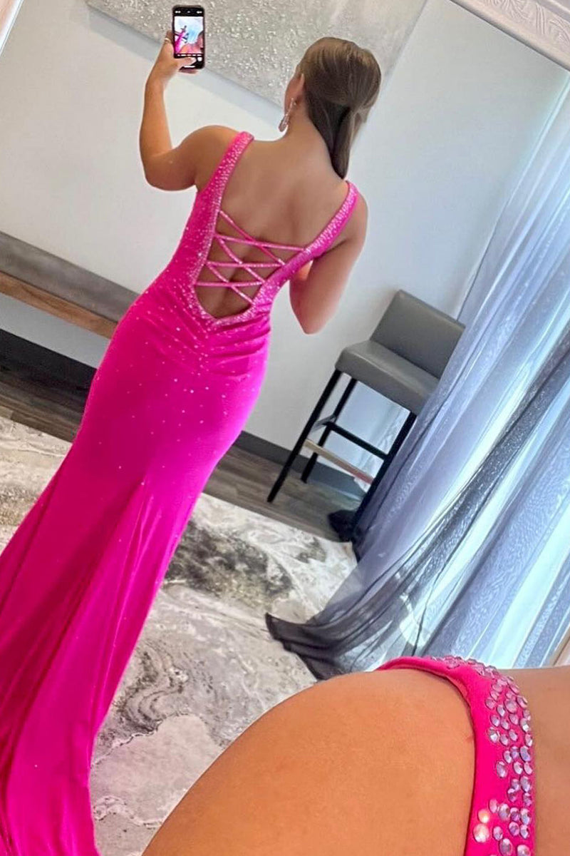 Load image into Gallery viewer, Mermaid V Neck Hot Pink Long Formal Dress with Beading