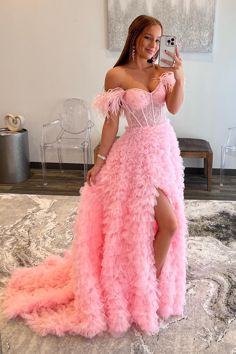 Load image into Gallery viewer, Princess A Line Off the Shoulder Pink Long Formal Dress with Feather