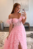 Load image into Gallery viewer, Princess A Line Off the Shoulder Pink Long Formal Dress with Feather