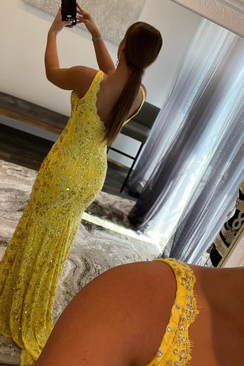 Sparkly Yellow Mermaid Lace Long Formal Dress with Beading