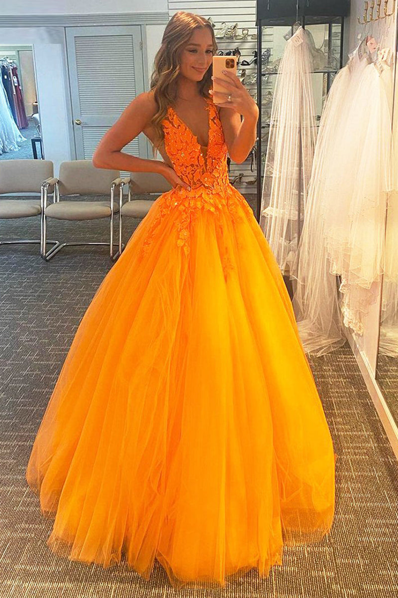 Load image into Gallery viewer, A Line V Neck Orange Formal Dress with Appliques