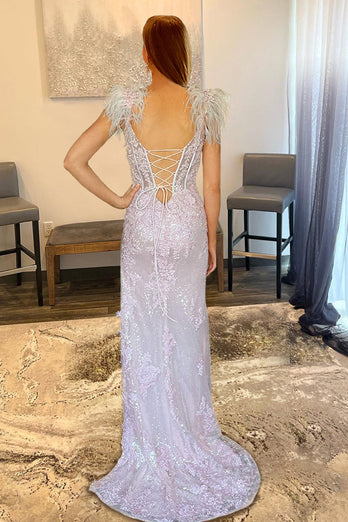 Lavender Appliques Mermaid Formal Dress with Feathers