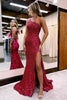 Load image into Gallery viewer, Burgundy One Shoulder Sequins Formal Dress with Slit