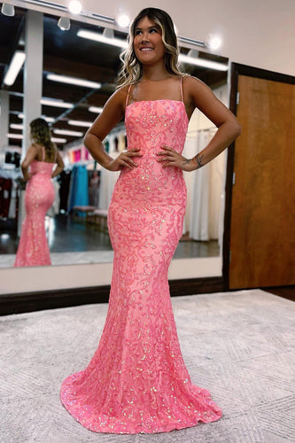 Blush Spaghetti Straps Sequins Mermaid Formal Dress