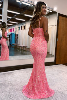 Blush Spaghetti Straps Sequins Mermaid Formal Dress