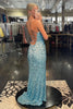 Load image into Gallery viewer, Light Blue Lace-Up Back Sequins Formal Dress with Slit