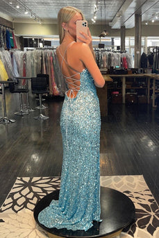 Light Blue Lace-Up Back Sequins Formal Dress with Slit