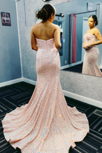 Mermaid Sweetheart Blush Sequins Long Formal Dress with Sweep Train