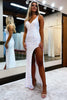 Load image into Gallery viewer, Sheath V Neck White Sequins Long Formal Dress with Silt