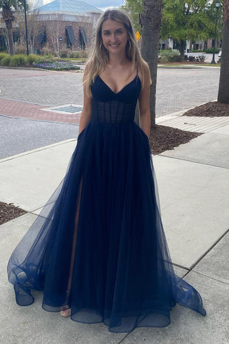 A Line Spaghetti Straps Navy Long Formal Dress