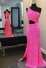 Load image into Gallery viewer, Hot Pink One Shoulder Sequins Formal Dress with Slit