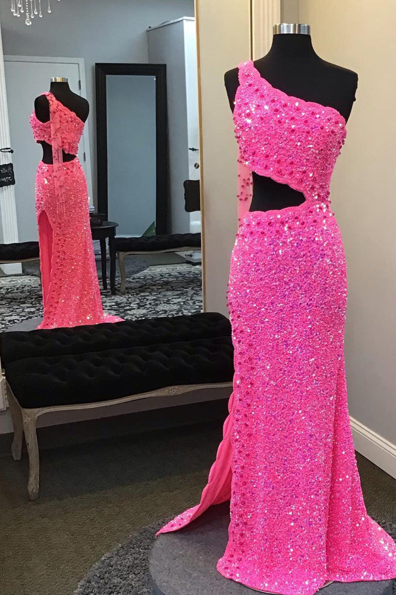 Load image into Gallery viewer, Hot Pink One Shoulder Sequins Formal Dress with Slit