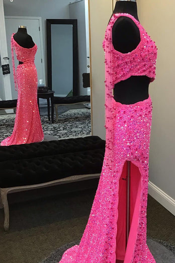 Hot Pink One Shoulder Sequins Formal Dress with Slit