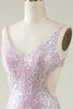 Load image into Gallery viewer, Sheath V Neck Lilac Sequins Long Formal Dress with Split Front