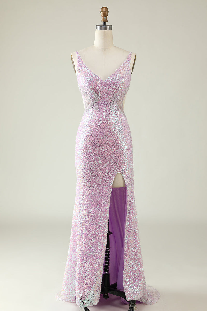 Load image into Gallery viewer, Sheath V Neck Lilac Sequins Long Formal Dress with Split Front