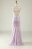 Load image into Gallery viewer, Sheath V Neck Lilac Sequins Long Formal Dress with Split Front