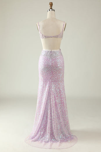 Sheath V Neck Lilac Sequins Long Formal Dress with Split Front