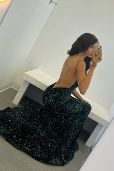 Dark Green Sequins Backless Mermaid Formal Dress