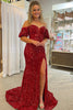 Load image into Gallery viewer, Burgundy Off Shoulder Sequins Mermaid Formal Dress with Slit