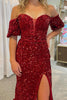 Load image into Gallery viewer, Burgundy Off Shoulder Sequins Mermaid Formal Dress with Slit