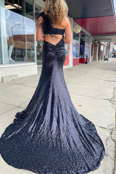 Mermaid One Shoulder Cut Out Black Sequins Long Formal Dress