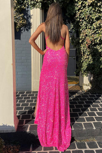 Mermaid Halter Neck Hot Pink Sequins Long Formal Dress with Split Front