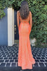 Load image into Gallery viewer, Mermaid Spaghetti Straps Orange Sequins Long Formal Dress with Split Front