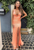 Load image into Gallery viewer, Sheath Deep V Neck Orange Sequins Long Formal Dress with Split Front