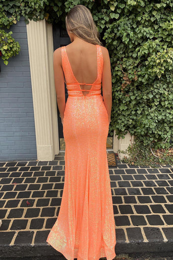 Sheath Deep V Neck Orange Sequins Long Formal Dress with Split Front